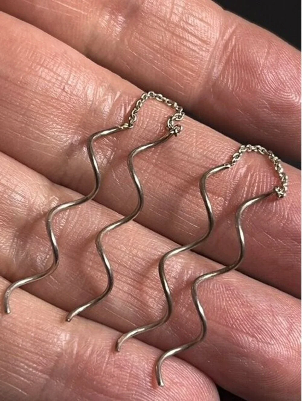 B6640 Sterling Silver Threader Dangle Earrings Wavy Squiggle Beaded Chain 1.5in
